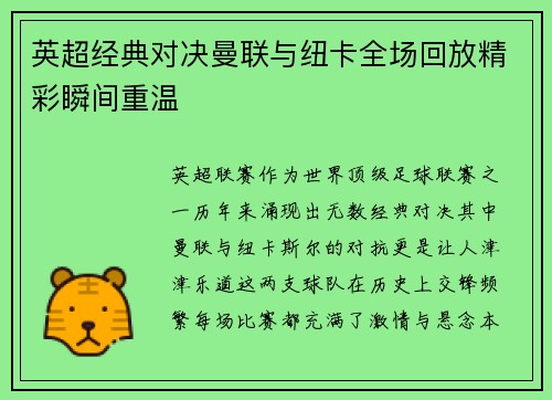英超经典对决曼联与纽卡全场回放精彩瞬间重温