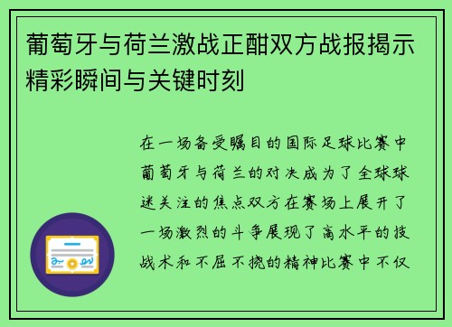 葡萄牙与荷兰激战正酣双方战报揭示精彩瞬间与关键时刻